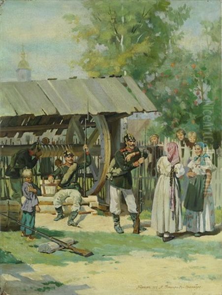 Russische Soldaten Im Dorf Oil Painting by Nikolai Dmitrievich Dmitriev-Orenburgsky