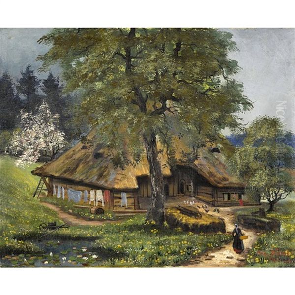 Aargauer Strohdachhaus Mit Bauerin Oil Painting by Johann Othmar Doebeli