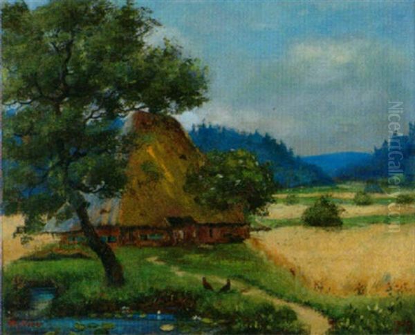 Aargauer Strohdachhaus In Sommerlicher Feldlandschaft Oil Painting by Johann Othmar Doebeli