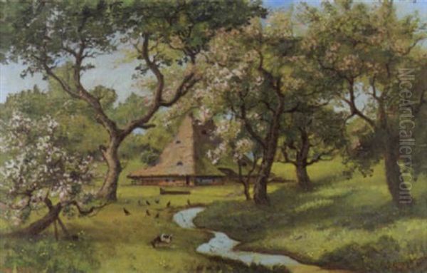 Gehoft In Weiter Wiesen- Und Obstbaumlandschaft Oil Painting by Johann Othmar Doebeli