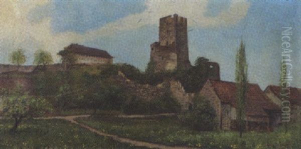 Bluhende Wiesenlandschaft Mit Bauernhofen Und Burgruine Oil Painting by Johann Othmar Doebeli