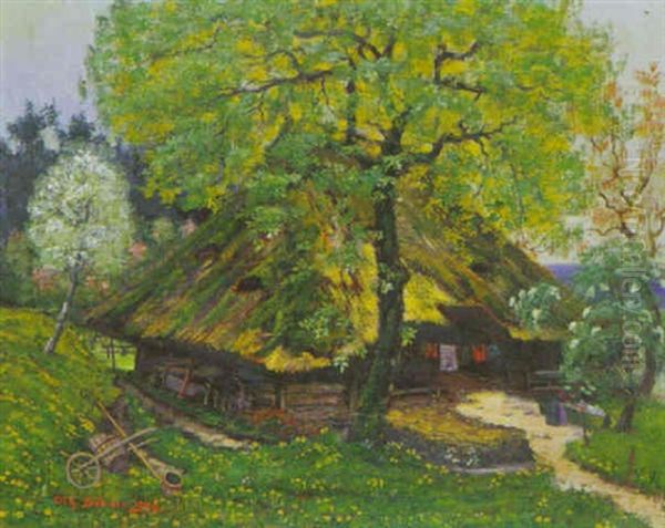 Bauernhaus Zwischen Bluhenden Baumen Oil Painting by Johann Othmar Doebeli