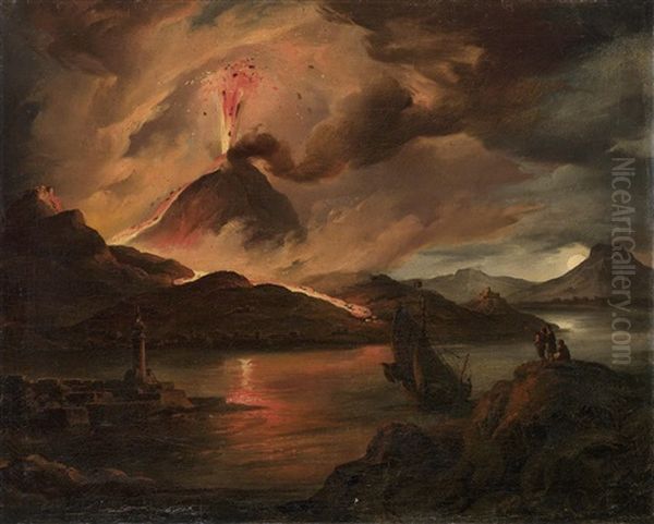 Die Bucht Von Neapel Bei Nacht Mit Dem Ausbrechenden Vesuv Oil Painting by Franz Dobiaschofsky