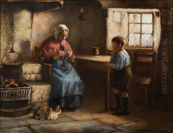 A Cottage Interior With An Elderly Lady Sewing For Her Grandson Oil Painting by Henry John Dobson