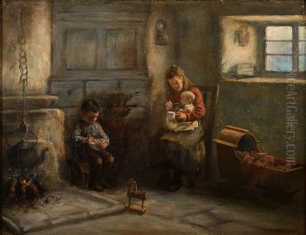 A Cottage Interior With A Young Girl Feeding A Baby And A Boy Mixing A Bowl Oil Painting by Henry John Dobson