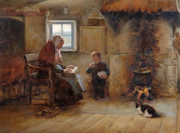 Cottage Interior With Old Lady And Child Oil Painting by Henry John Dobson