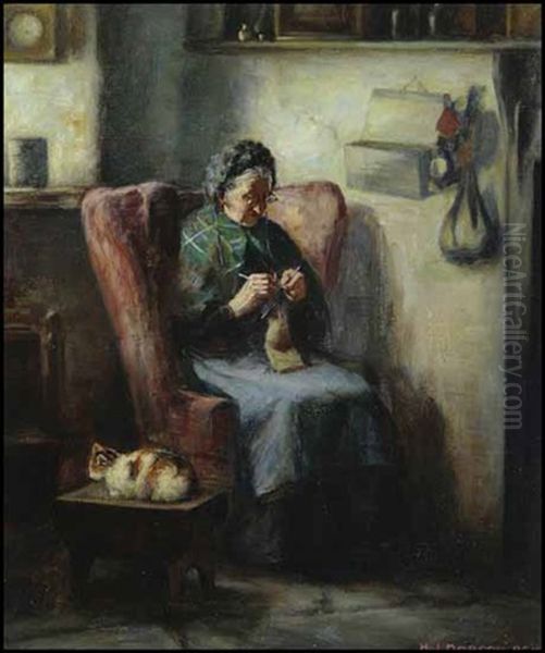 Woman Knitting Oil Painting by Henry John Dobson