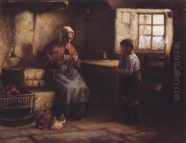 By The Fire With Grandmother Oil Painting by Henry John Dobson