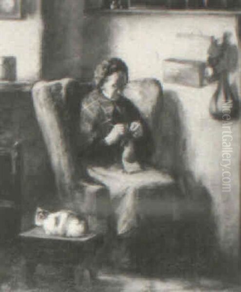 Knitting By The Fireplace Oil Painting by Henry John Dobson