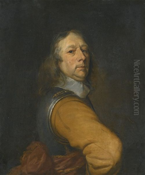 Portrait Of A Member Of The Catesby Family, Half-length, Wearing A Breastplate And A Red Sash Oil Painting by William Dobson