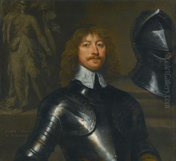 Portrait Of James Graham, 1st Marquess Of Montrose, Half Length, Wearing Armour, With A Statue Of Minerva Beyond Oil Painting by William Dobson