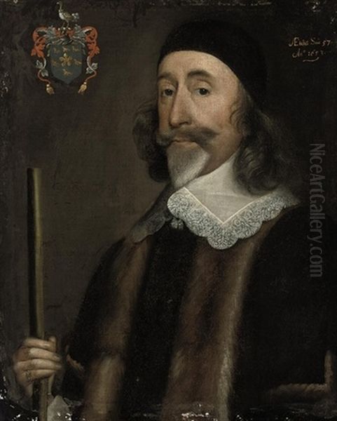 Portrait Of A Gentleman In A Black Fur-trimmed Coat With Lace Collar Oil Painting by William Dobson