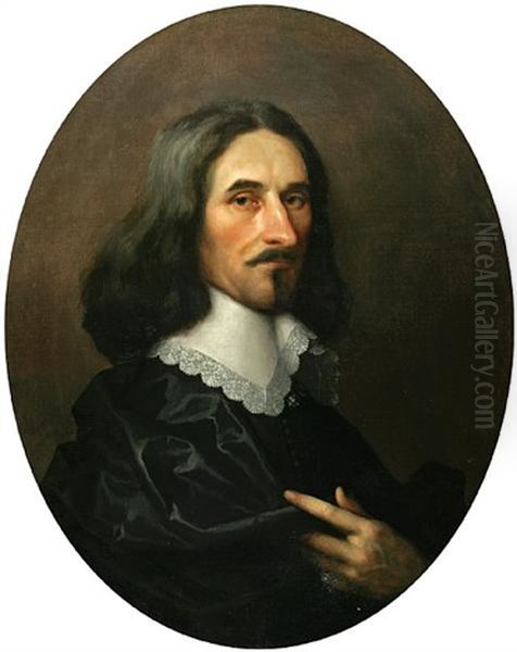 A Portrait Of A Gentleman In A Black Robe With A Lace Collar Oil Painting by William Dobson