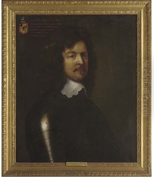 Portrait Of Sir John Boys In Armour, With A White Lace Collar, His Coat Of Arms Displayed In The Top Left Hand Corner Oil Painting by William Dobson