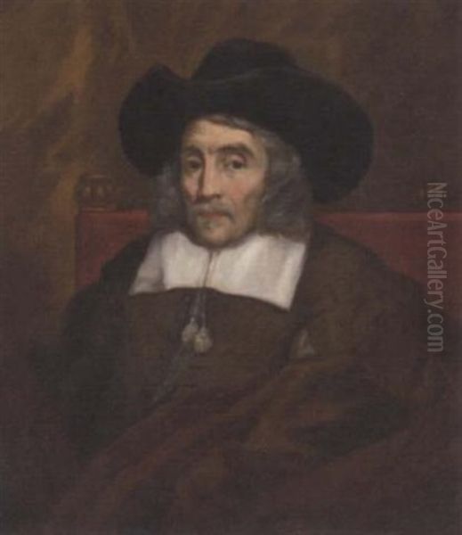 Portrait Of Lord Sherborne In A Brown Doublet With White Collar And Black Hat Oil Painting by William Dobson