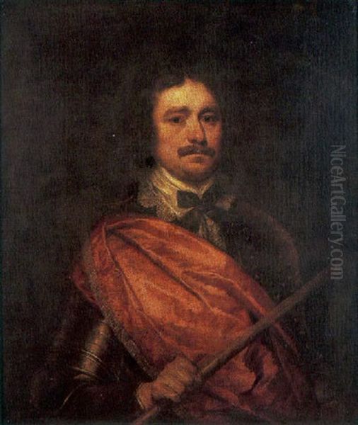 Portrait Of A Gentleman Wearing Armour And A Red Robe, Holding A Baton In His Right Hand Oil Painting by William Dobson