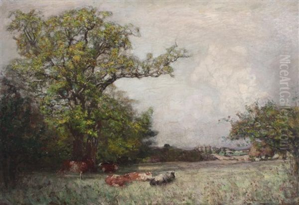 Cattle In A Meadow With Castle Beyond Oil Painting by Alexander Brownlie Docharty