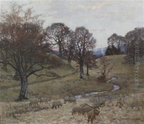 Sheep In A Wooded Valley Oil Painting by Alexander Brownlie Docharty