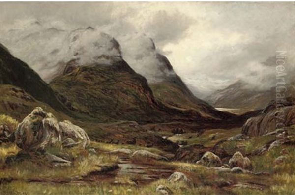 Stags Crossing A Highland Glen Oil Painting by Alexander Brownlie Docharty