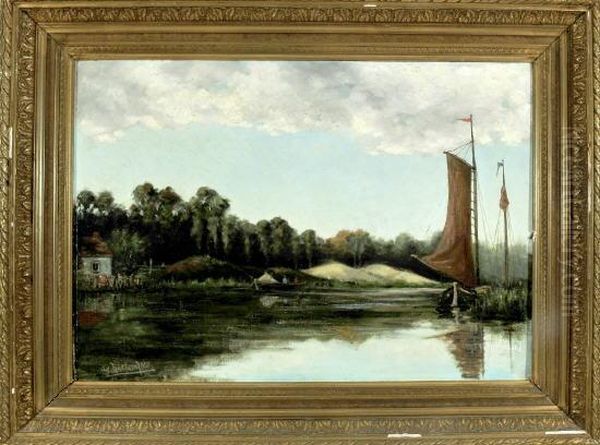 Segelboot Liegt Im Fluss Vor Anker Oil Painting by Arie Van Hattem