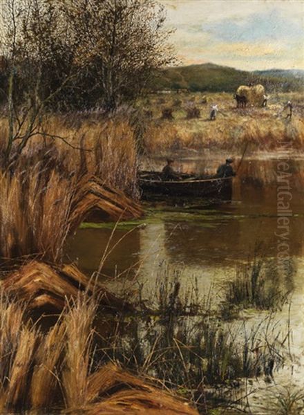 Teichlandschaft Mit Bauern Bei Der Ernte Und Zwei Anglern Im Kahn Oil Painting by James Docharty