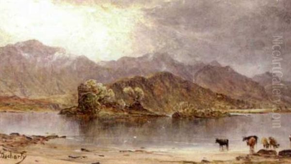 Landscape With Cattle At A Lake's Edge With Mountains In The Background Oil Painting by James Docharty