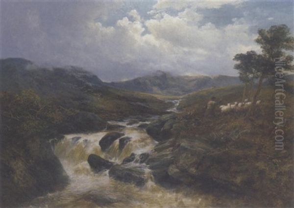 A Mountain Torrent Oil Painting by James Docharty