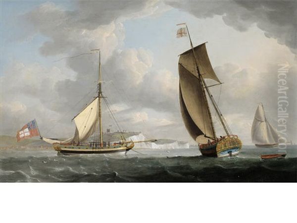 A Trinity House Yacht In Two Positions Off Dover, With A View Of The Castle And Cliffs Beyond Oil Painting by Robert Dodd