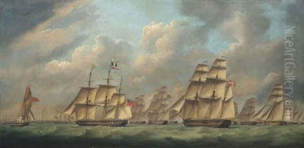 An English Frigate Escorting A Large International Merchant Convoy Oil Painting by Robert Dodd