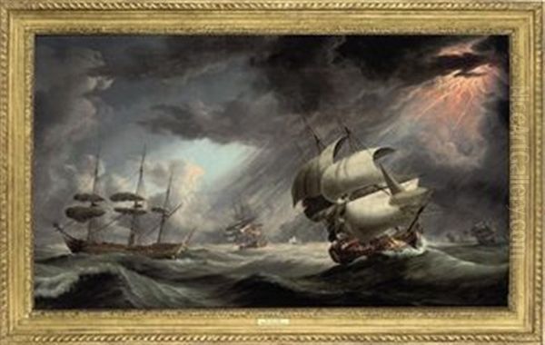 A Royal Naval Warship In Two Positions Within A Squadron Of The Red Caught In A Gale Oil Painting by Robert Dodd