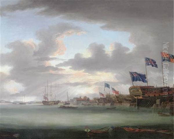 A View Of Blackwall, With Part Of The Dockyard, At The Launching Of The Bombay Castle, 74 Guns, Built At The Expense Of The Hon. East India Company And Presented By Them To His Majesty Oil Painting by Robert Dodd