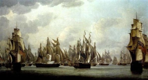 Commodore Dance's Celebrated Action Against A French Squadron In The Straits Of Malacca On 15th. February 1804 Oil Painting by Robert Dodd