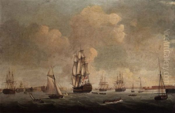 A 74-gun Third Rate Heading Out Of Portsmouth Harbour With Other Ships Of The Fleet Close-by Oil Painting by Robert Dodd