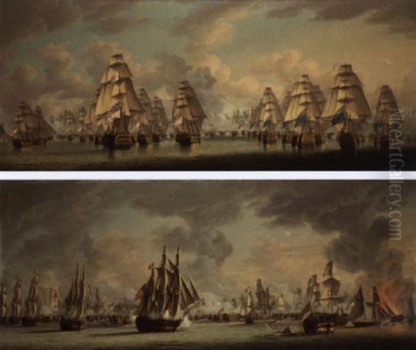 The Battle Of Trafalgar - The Two British Columns Going Into Action Oil Painting by Robert Dodd