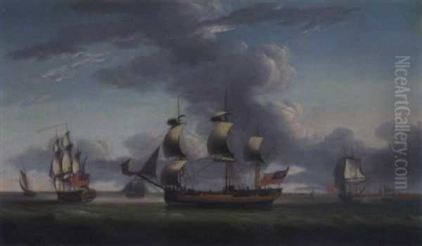 A Merchantman In Three Positions Of The East Anglican Town Of Harwich Oil Painting by Robert Dodd