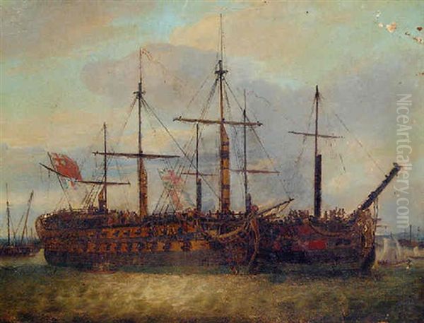 Men O' War At Anchor Oil Painting by Robert Dodd