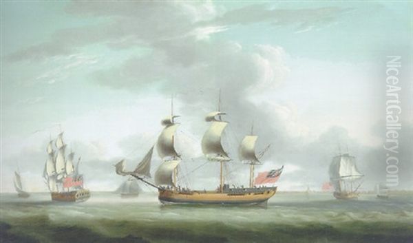 Three Views Of A British Merchantman Oil Painting by Robert Dodd