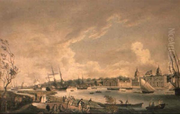 View Of The Royal Hospital, Greensich, From The Isle Of Dogs Oil Painting by Robert Dodd