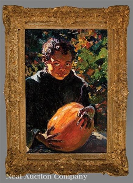 African-american Boy With A Pumpkin Oil Painting by William de Leftwich Dodge