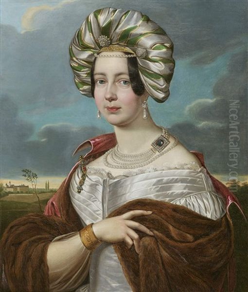 Portrait Of Amalia Duchess Of Saxe-altenburg, B. Duchess Of Wuerttemberg, At The Age Of 27 Years (1799-1848) Oil Painting by Ludwig Doell