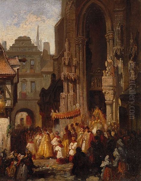 Fronleichnamsprozession Zieht Aus Einer Gotischen Kathedrale In Einer Mittelalterlichen Stadt Oil Painting by Karl Emil Doepler the Elder