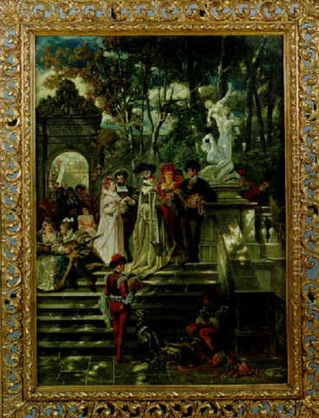 An Italian Renaissance Garden Party Oil Painting by Karl Emil Doepler the Elder