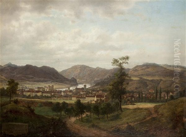 Blick Auf Aussig An Der Elbe (usti Nad Labem) Oil Painting by Ernst Gustav Doerell