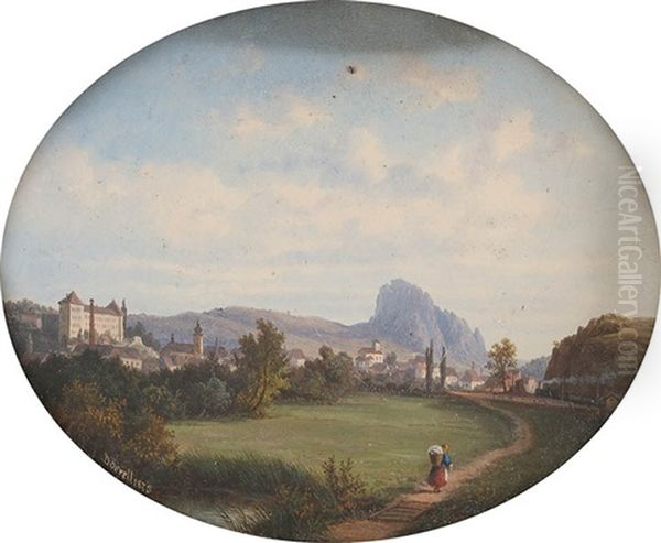 Parklandschaft Vor Burganlage, Gebirgskulisse Und Eisenbahnstrecke Oil Painting by Ernst Gustav Doerell