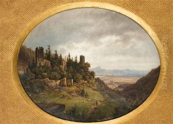 Burgruine Osek (ossegg) Mit Blick Auf Kloster Ossegg Oil Painting by Ernst Gustav Doerell