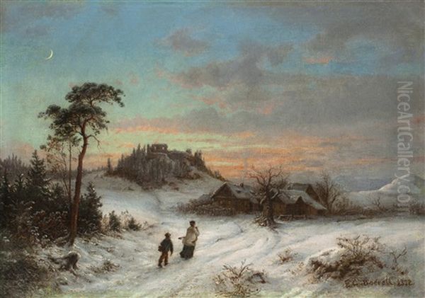 Winterlandschaft Mit Burgruine Blansko (blankenstein) Oil Painting by Ernst Gustav Doerell