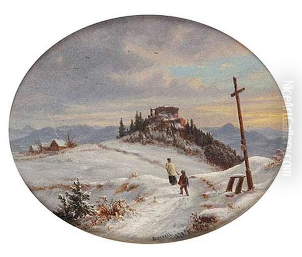 A Winter Landscape With The Ruined Blansko Castle, Near Usti Nad Labem Oil Painting by Ernst Gustav Doerell