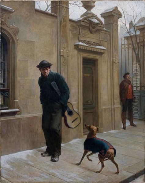 Un Guitariste Face A Un Chien Devant Un Portail D'entree D'un Hotel Particulier Oil Painting by Charles Augustin Victor Doerr