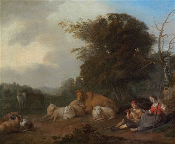 A Landscape With Resting Herders And Cattle Oil Painting by Jacob van der Does the Elder