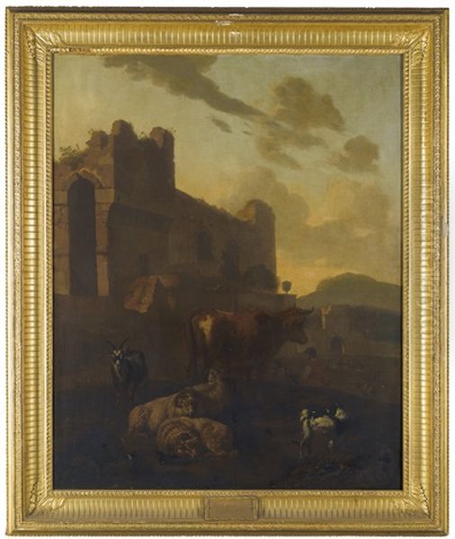 Cows And Sheep At Rest Beside Classical Ruins Oil Painting by Jacob van der Does the Elder